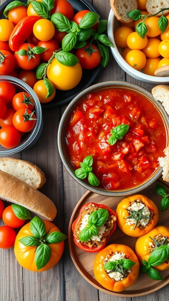 A colorful assortment of tomato-based dishes including salad, sauce, and stuffed tomatoes on a wooden table.